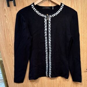 Vintage Cyrus Black zip front Cardigan with diamond beaded Accents